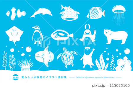 夏の水族館シルエットアイコンイラストセット：かわいい生き物たちの素材 - 魚・ペンギン・イルカなど 115025160
