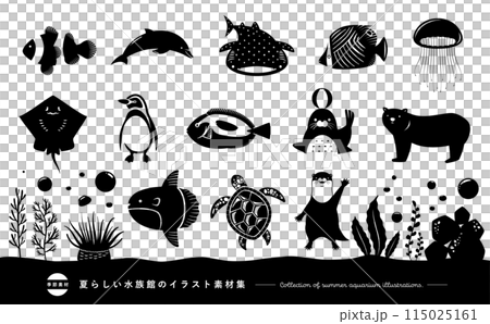 夏季水族館剪影圖示插圖集：可愛的生物材料-魚、企鵝、海豚等。 115025161