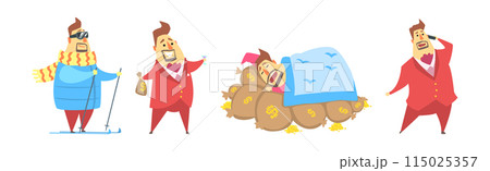 Fat Rich Millionaire Man in Red Suit with Money Vector Set 115025357