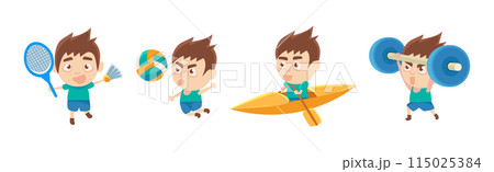 Funny Boy Kid Doing Different Sport Training Vector Set 115025384