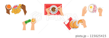 Breakfast Morning Meal Served on Table Above View Vector Set 115025415