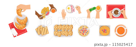 Breakfast Morning Meal Served on Table Above View Vector Set 115025417