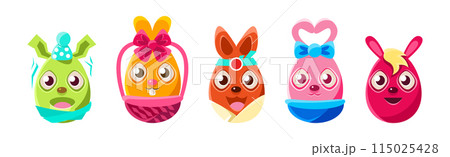 Easter Egg Bunny with Smiling Face and Long Ears Vector Set Easter Egg Bunny with Smiling Face and Long Ears Vector Set 115025428