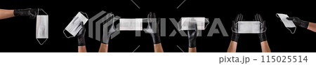 Hand in black gloves wearing disposable face mask isolated on black background Hand in black gloves wearing disposable face mask isolated on black background 115025514