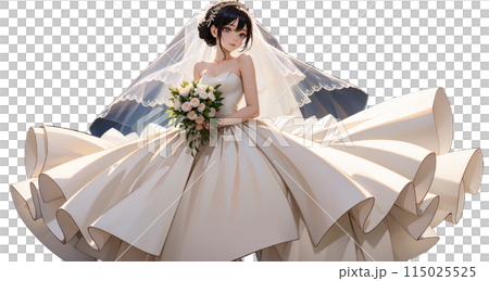 A dark-haired woman in a white wedding dress holding a bouquet. 115025525