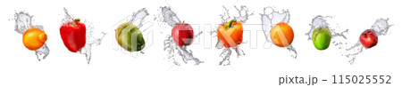 Group of fruits with water splash isolated on white background 115025552