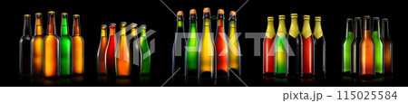 Set of beer, wine and champagne bottles isolated on black background Set of beer, wine and champagne bottles isolated on black background 115025584