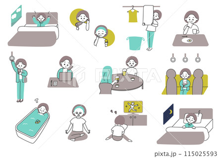 ひとり暮らしの女性の1日のイラスト 115025593