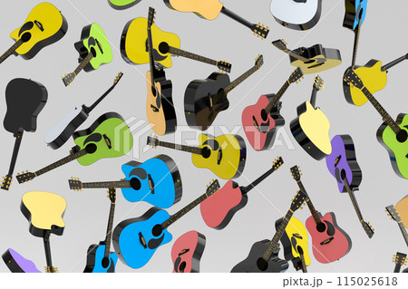 Many of flying acoustic guitars isolated on white background. 115025618