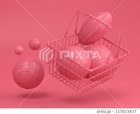 Set of ball like basketball, football and golf in shopping basket on monochrome Set of ball like basketball, football and golf in shopping basket on monochrome 115025637