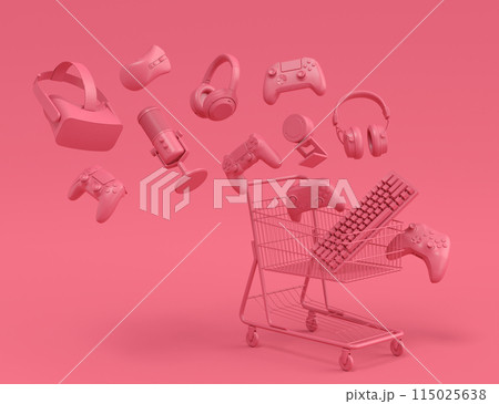 Flying gamer gears like mouse, keyboard, joystick, headset, VR on monochrome 115025638