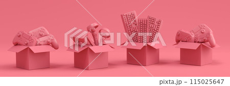 Set of gamer joysticks, vr glasses and keyboards in cardboard box on monochrome 115025647