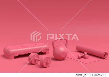 Isometric view of sport equipment like kettlebell, fitness ball and yoga mat Isometric view of sport equipment like kettlebell, fitness ball and yoga mat 115025756