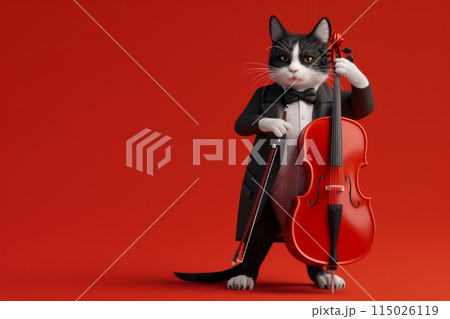 A cat dressed in a suit and tie is playing a cello with Generative AI 115026119