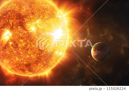 Bright sun against dark starry sky in Solar System. Sun in Space. Solar Surface Activity, Corona. Heatwave hot sun. Climate Change. Global Warming. Temperature of Summer season. Geomagnetic storm 115026224