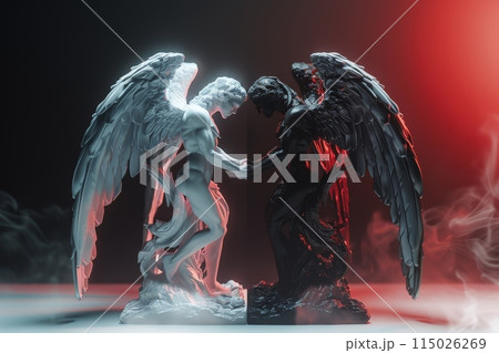 Two statues of a man and a demon, one white and one black, with red lighting with Generative AI 115026269