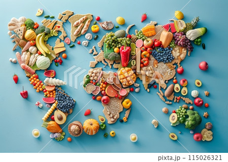A colorful map of the world made of fruits and vegetables with Generative AI 115026321