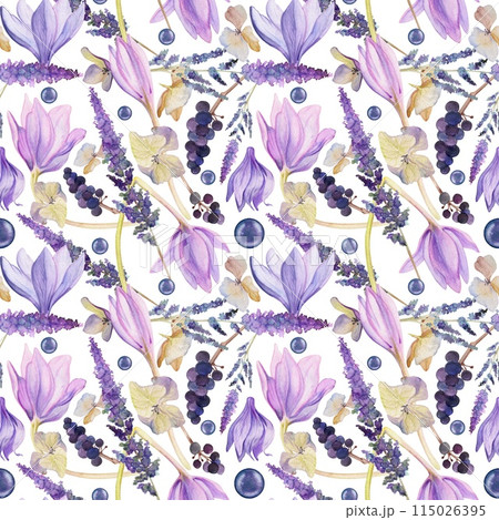 Hand drawn watercolor illustration shabby boho botanical flowers leaves. Crocus saffron rose hip veronica hortensia lavender berries. Seamless pattern isolated on white. Design wedding, paper, fabric 115026395