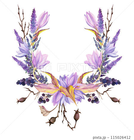 Hand drawn watercolor illustration shabby boho botanical flowers leaves. Crocus saffron rose hip veronica lavender berries. Wreath frame isolated on white background. Design wedding, gift love cards Hand drawn watercolor illustration shabby boho botanical flowers leaves. Crocus saffron rose hip veronica lavender berries. Wreath frame isolated on white background. Design wedding, gift love cards 115026412
