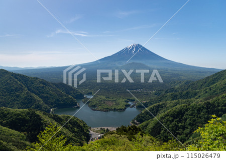 山の上から眺める精進湖と富士山 山の上から眺める精進湖と富士山 115026479