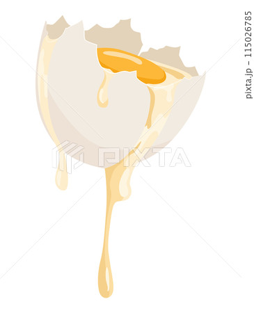 Cracked egg with yolk. Baking or cooking ingredient. Eggshell and protein. Healthy organic food. Diet with raw and broken product. Vector cartoon food 115026785