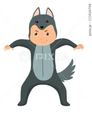 Children animal costume. Colorful animal wearing suit for party wolf. Isolated flat vector design Children animal costume. Colorful animal wearing suit for party wolf. Isolated flat vector design 115026789