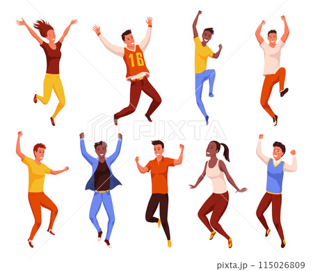 Happy jumping people set. Happy positive young men and women. Group of young joyful laughing people jumping with raised hands isolated on white background 115026809