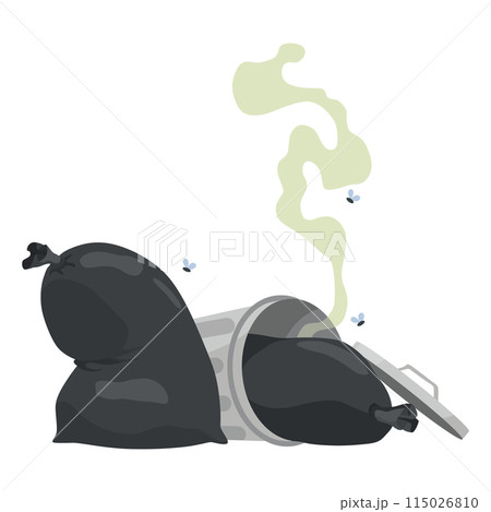 Garbage or waste icon. Plastic garbage container with unsorted trash. Rubbish bag that smells ugly and started to decompose. Ecology and environment concept. Isolated on white background Garbage or waste icon. Plastic garbage container with unsorted trash. Rubbish bag that smells ugly and started to decompose. Ecology and environment concept. Isolated on white background 115026810