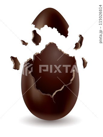 Chocolate egg. Broken, exploded eggshell. Kids confectionery, candy with surprise. Restaurant, cafe menu design. Vector dessert made of dark cocoa Chocolate egg. Broken, exploded eggshell. Kids confectionery, candy with surprise. Restaurant, cafe menu design. Vector dessert made of dark cocoa 115026814