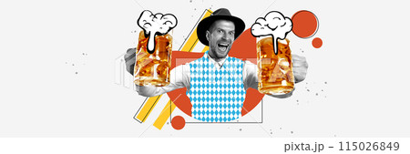 Extremely happy, smiling man with two mugs of foamy lager beer on abstract colorful background. Contemporary art collage. Extremely happy, smiling man with two mugs of foamy lager beer on abstract colorful background. Contemporary art collage. 115026849