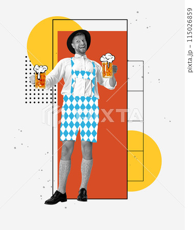 Happy smiling man, waiter serving glasses with lager for beer. Party and leisure time. Contemporary art collage. Colorful background. Happy smiling man, waiter serving glasses with lager for beer. Party and leisure time. Contemporary art collage. Colorful background. 115026859