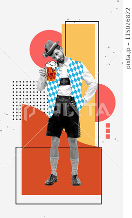 Positive young guy in traditional Bavarian clothes looking on mug with foamy lager beer on colorful abstract background. Contemporary art collage. 115026872