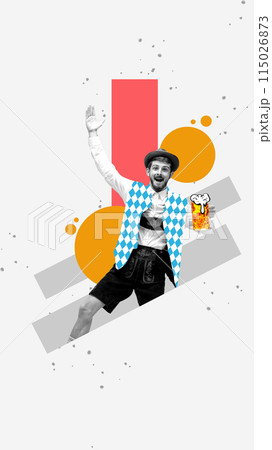 Greetings. Happy smiling man in Bavarian clothes smiling, standing with beer on colorful abstract background. Contemporary art collage. 115026873