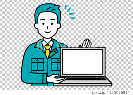 A male worker showing a laptop screen 115026934