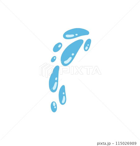 Cartoon blue dripping water drop, splash, spray and tear. Liquid flow, wave, stream and puddle. Nature water motion shape vector. Illustration of rain water drop, liquid splash 115026989