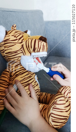 A boy brushes his teeth with a toy with an artificial jaw. Playing as a dentist, professional preparation of a child for the profession of a pediatric dentist. Hygiene and dental care 115027110