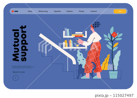 Mutual Support: Book Swap -modern flat vector concept illustration of a woman leaving books on a shelf in hallway for neighbors A metaphor of voluntary, collaborative exchanges of resource, services 115027497