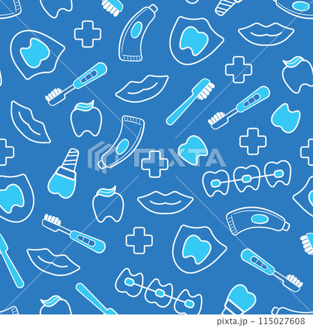 Dental health or dentist and orthodontics seamless pattern on dark blue background 115027608