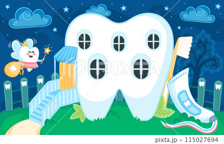 Cute kawaii tooth shaped house with tooth fairy flying to home Cute kawaii tooth shaped house with tooth fairy flying to home 115027694