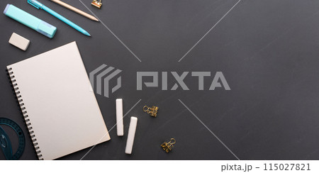 School supplies on black background. Back to school concept. Top view. Copy space. 115027821