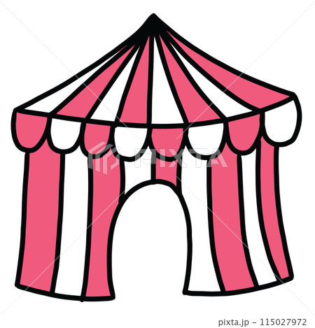Hand drawn circus tent for sticker, weekend, trip, vacation, holiday, amusement park, logo, icon, decoration, shirt print, card, social media, poster, standee, kids, children, leisure, hobby, patches 115027972
