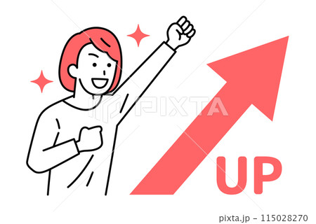伸びる矢印とガッツポーズで喜ぶカジュアルな女性 115028270