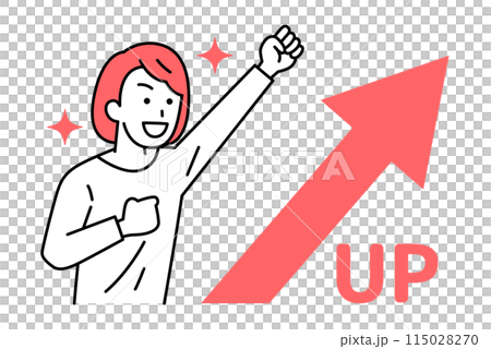 伸びる矢印とガッツポーズで喜ぶカジュアルな女性 115028270