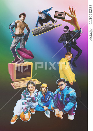 Flashback to Y2K. Young people represent old style fashion with denim sportswear and leather style with retro computer and phone. Creative collage. Flashback to Y2K. Young people represent old style fashion with denim sportswear and leather style with retro computer and phone. Creative collage. 115028288