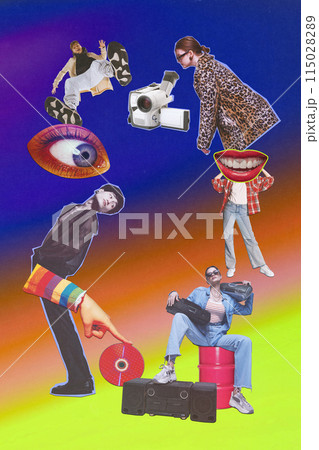Retro Tech and Fashion Fusion. Mix of technology and fashion with young people, boys and girls wearing stylish clothes. Creative collage. 115028289