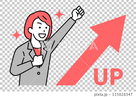A woman in a suit is happy with an arrow pointing up and a fist pump 115028347