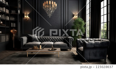 Dark living room interior with luxury gray sofa 115028637