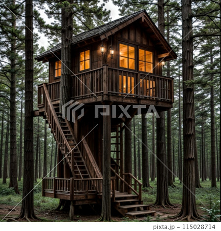 Tree house with stairs in forest, surrounded by natural landscape 115028714