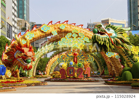 Decoration With Vietnam Traditional Dragon In Nguyen Hue Flower Street Festival. 115028924