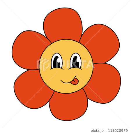 Retro 70s 60s 80s Hippie Groovy cute Red Flower. Smiling face with tongue. Flower power element. Vector illustration isolated on a white background. Retro 70s 60s 80s Hippie Groovy cute Red Flower. Smiling face with tongue. Flower power element. Vector illustration isolated on a white background. 115028979